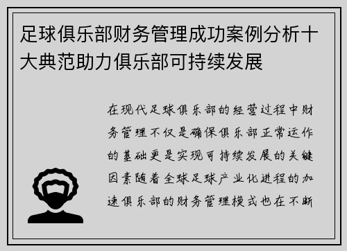 足球俱乐部财务管理成功案例分析十大典范助力俱乐部可持续发展