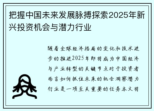 把握中国未来发展脉搏探索2025年新兴投资机会与潜力行业