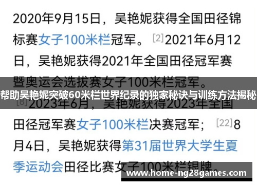 帮助吴艳妮突破60米栏世界纪录的独家秘诀与训练方法揭秘