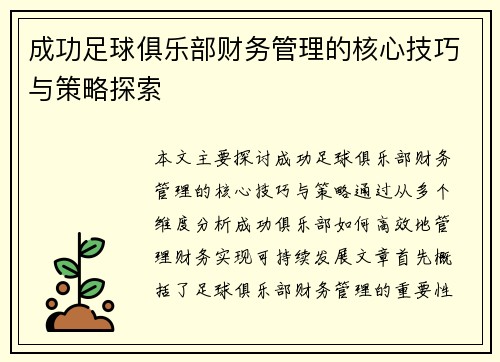 成功足球俱乐部财务管理的核心技巧与策略探索